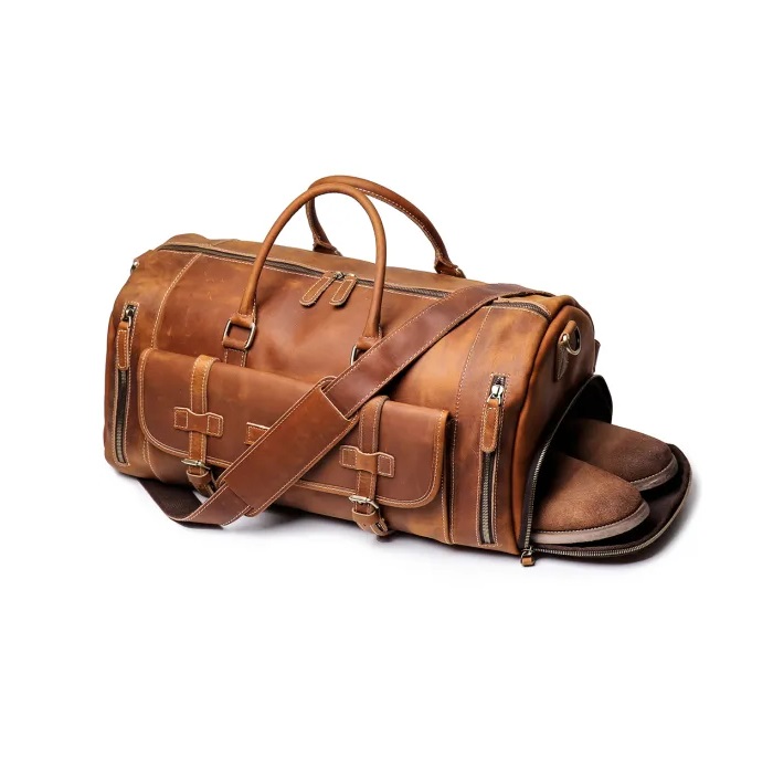 Mens Cowhide Weekend Luggage Bag Genuine Leather Duffel Traveling Bag