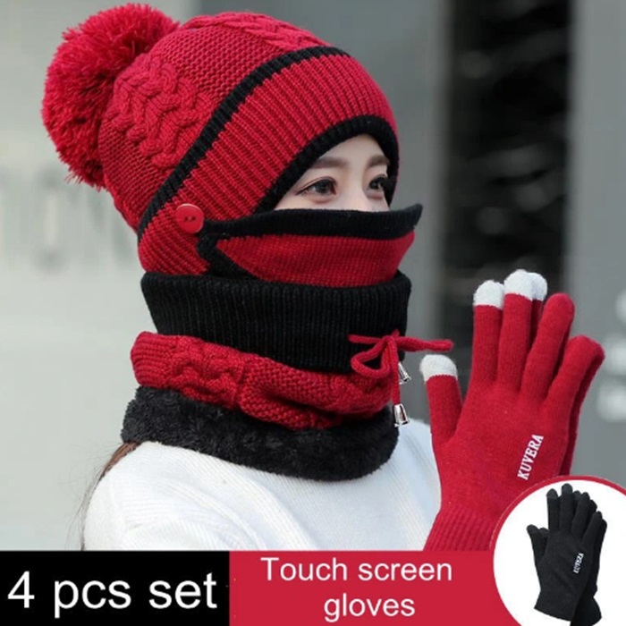 Custom High Quality Solid Ring Scarf Hat Gloves Set Fleece Lined POM POM Beanie Touch Screen Gloves Winter Hats