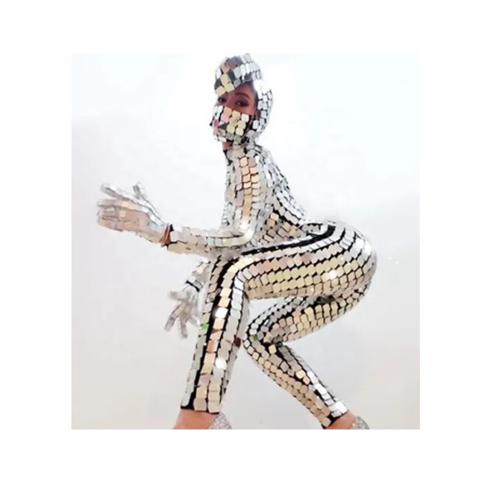 Silver Sexy Women Mirror Jumpsuit Stage Dance Bodysuit Party Laser Light Costume