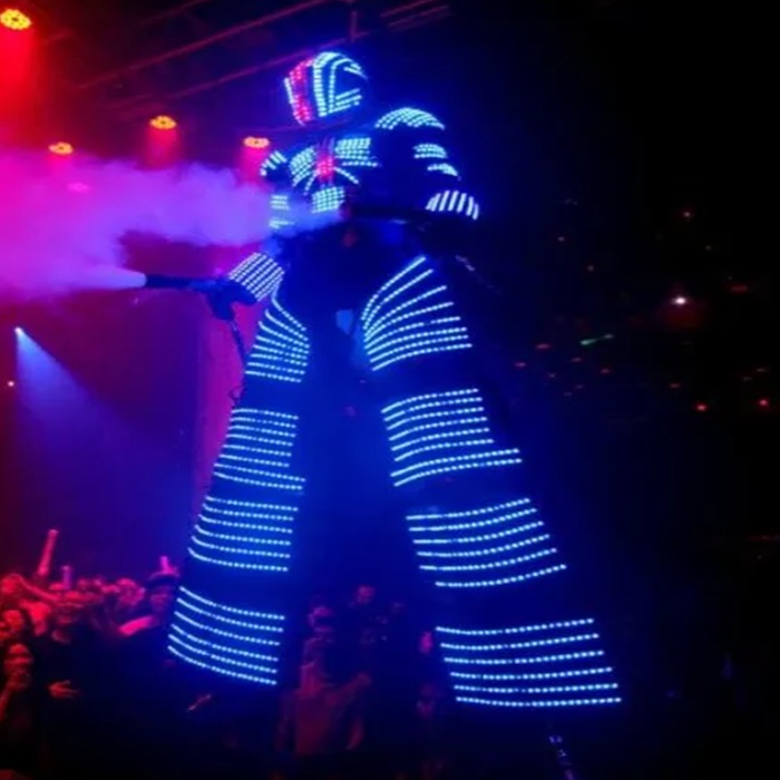 Traje LED Robot Costume LED Clothes Stilts Walker Costume LED Suit Costume Helmet Laser CO2 Gun Jet Machine