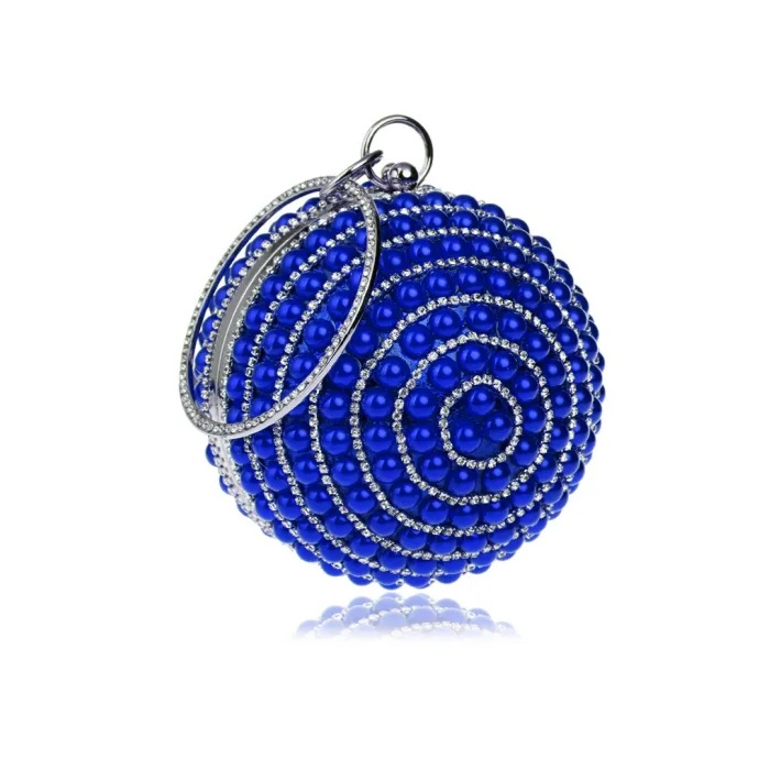 Women Pearls Round Ball Clutch Handbag Evening Bag with Dazzling Full Rhinestone Ring Handle Purse